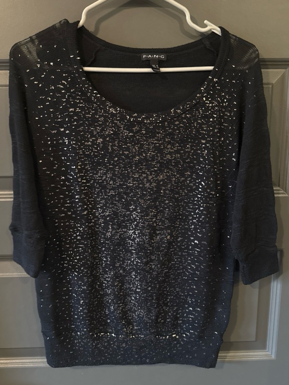 F.A.N.G. Black Silver Metallic Shimmer Scoop Neck Blouse M